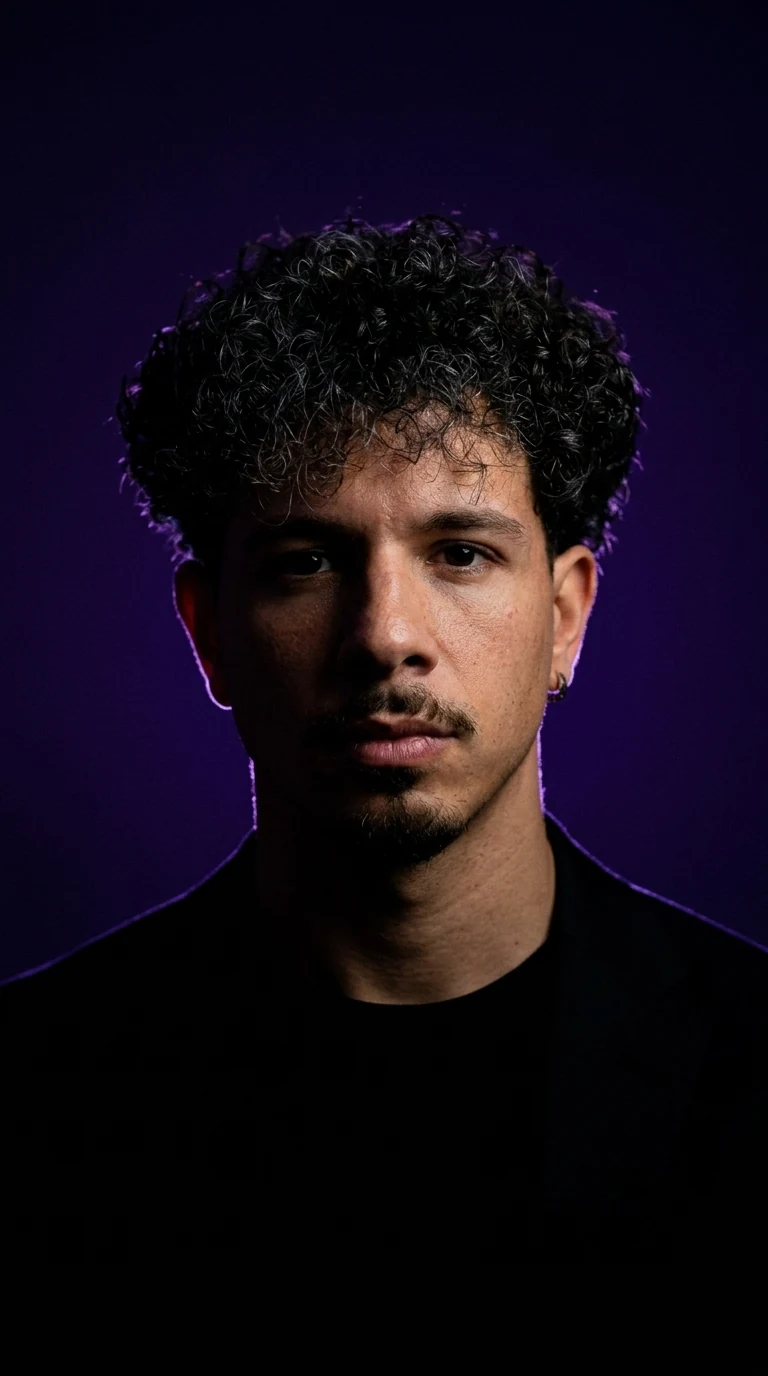 Marco Merlina in primo piano frontale, maglia nera e luce viola alle spalle
