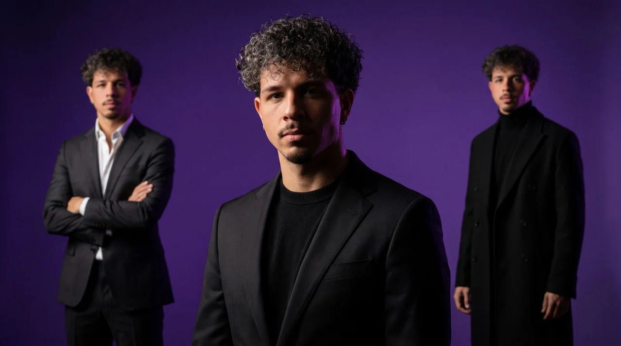 Marco Merlina in studio su fondo viola: tre ritratti affiancati, in completo scuro