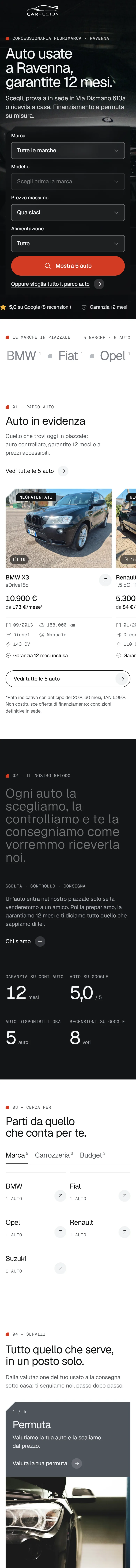 Home di CARFUSION a pagina intera, su telefono