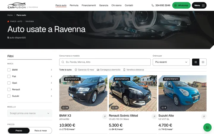 Pagina «Parco auto» del progetto CARFUSION