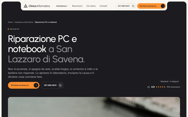 Pagina «Riparazione PC e notebook» del progetto Clinica Informatica