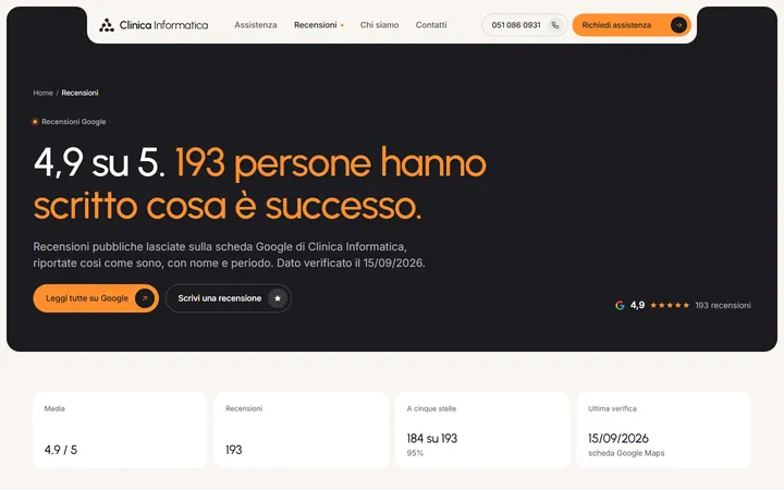 Pagina «Recensioni» del progetto Clinica Informatica