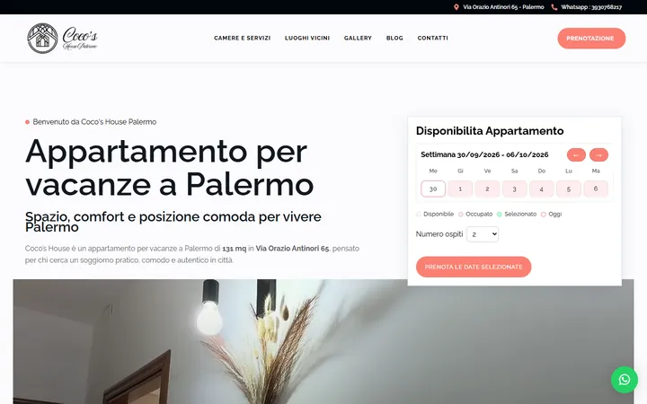 Home di Coco’s House Palermo, pagina intera catturata dal sito online
