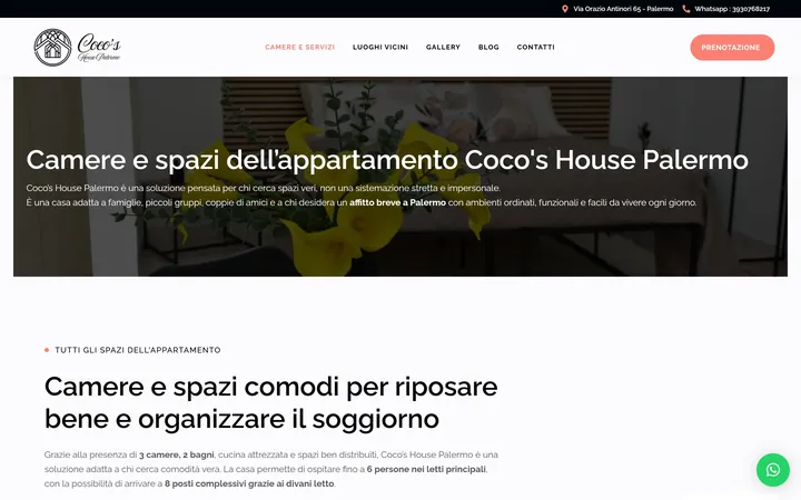 Pagina «Camere e servizi» del progetto Coco’s House Palermo