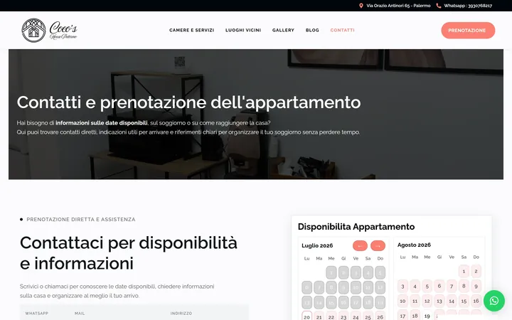Pagina «Contatti» del progetto Coco’s House Palermo