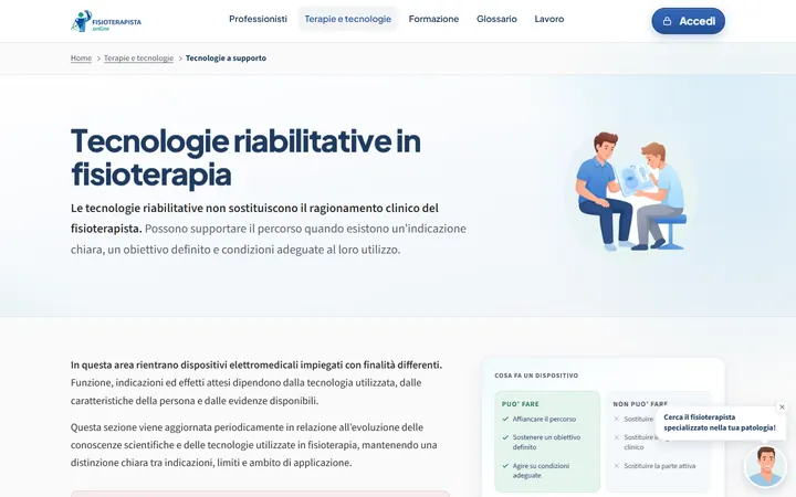 Pagina «Tecnologie» del progetto FISIOTERAPISTA.online