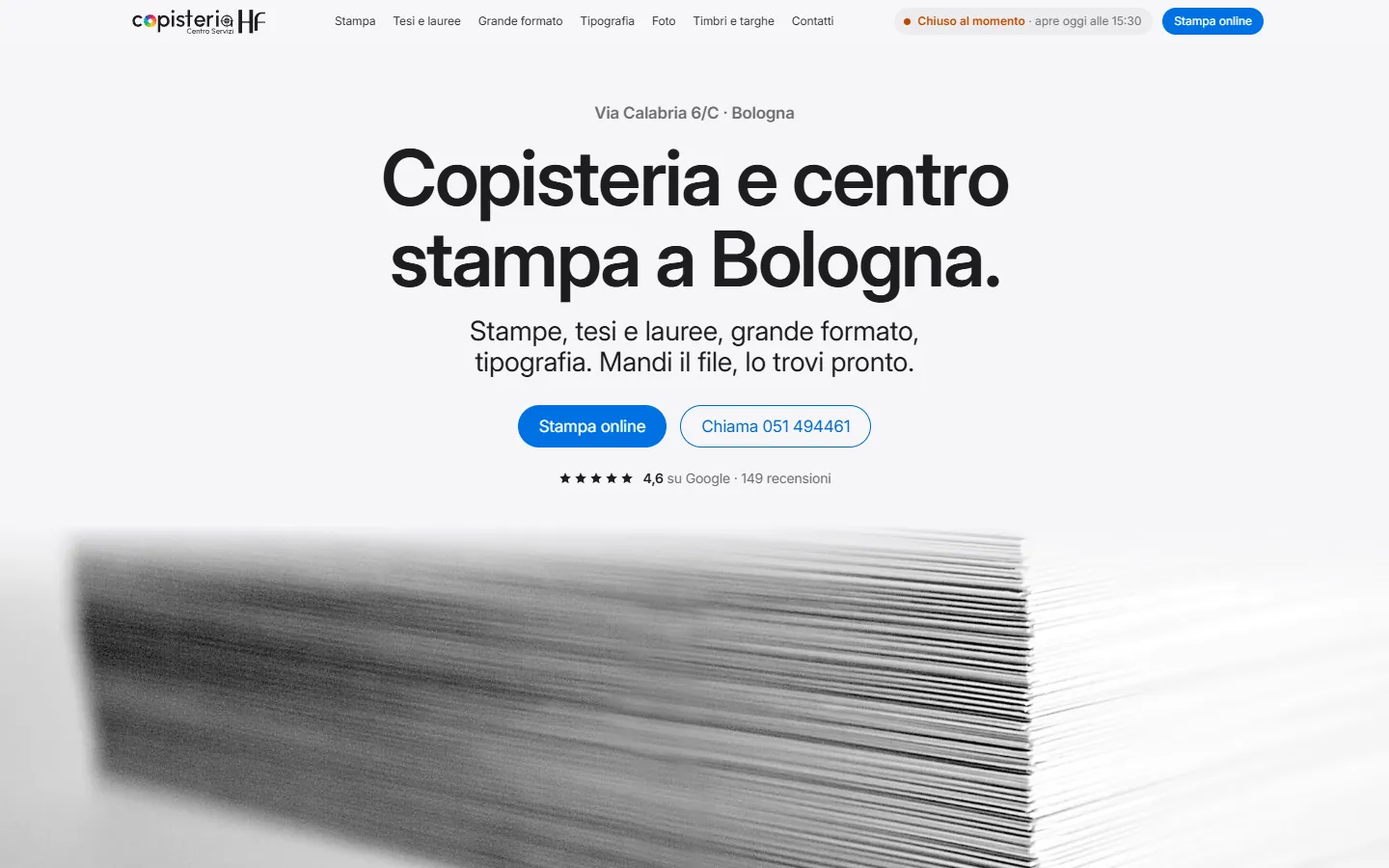 Prima schermata di copisteriahf.it, dalla bozza di presentazione