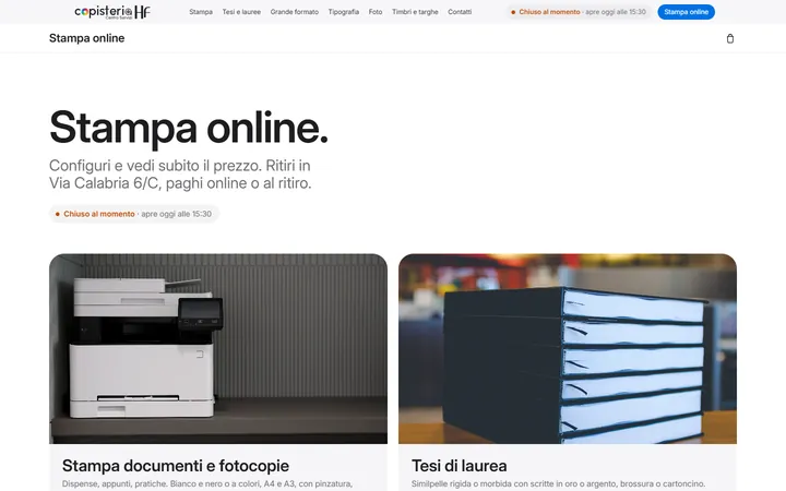 Pagina «Stampa online: il catalogo» del progetto Copisteria HF
