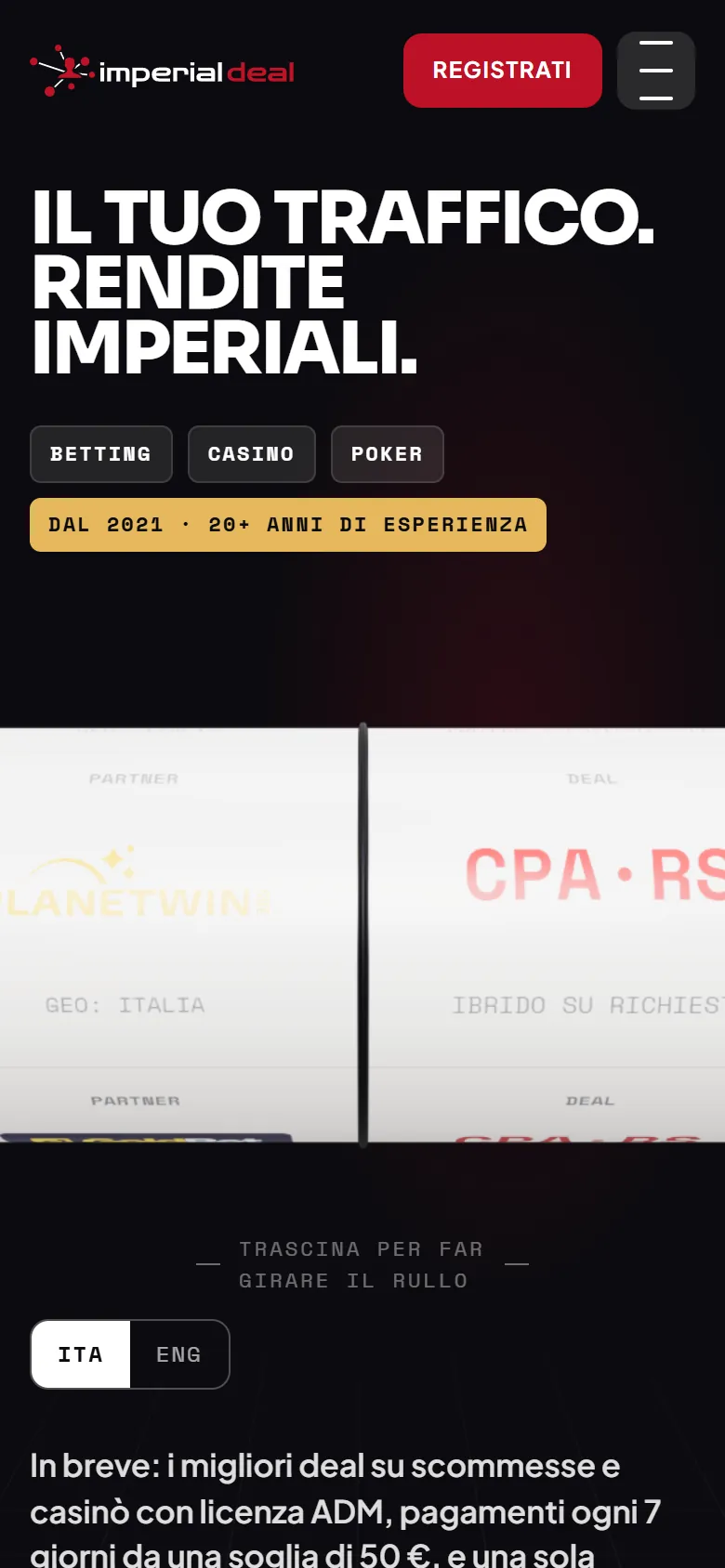 Prima schermata di imperialdeal.com su telefono, dalla bozza di presentazione