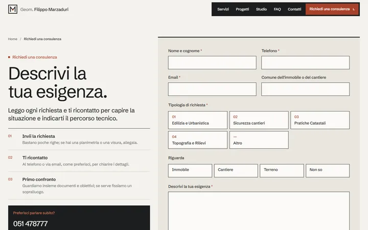 Pagina «Richiesta di consulenza» del progetto Geom. Filippo Marzaduri