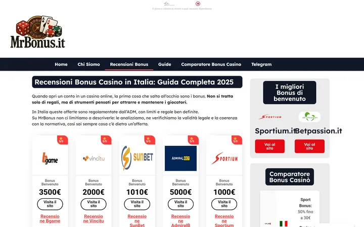 Pagina «Recensioni bonus casinò» del progetto MrBonus.it