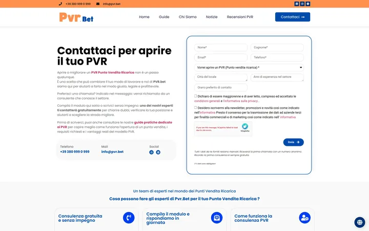 Pagina «Contatti» del progetto PVR.bet