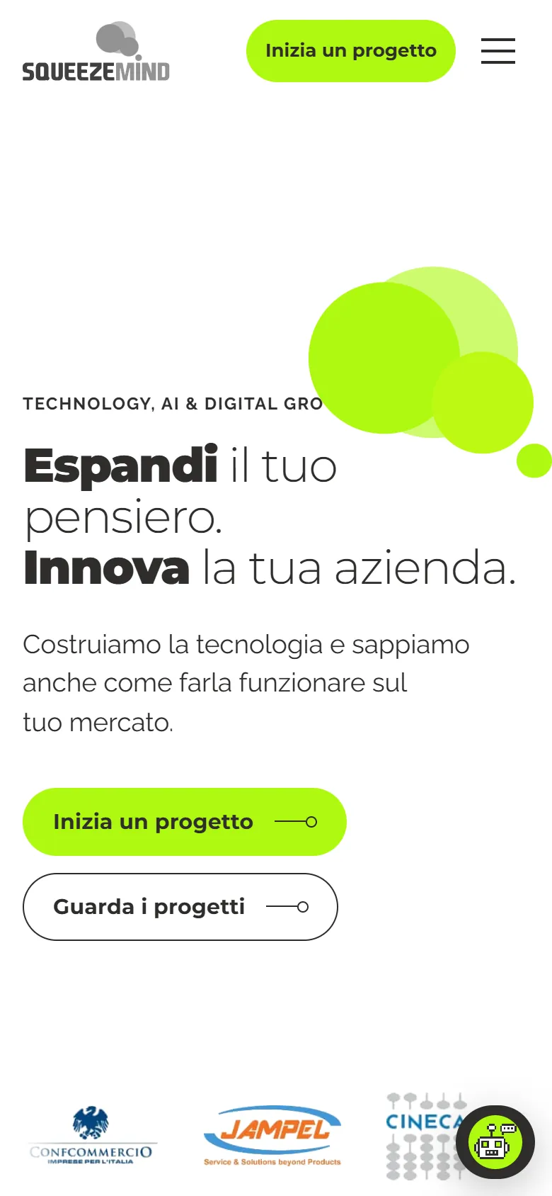 Prima schermata di squeezemind.it su telefono, dalla bozza di presentazione