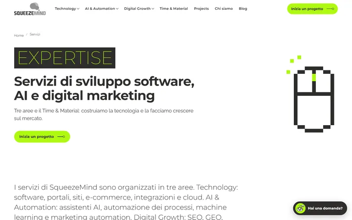 Pagina «Servizi» del progetto SqueezeMind