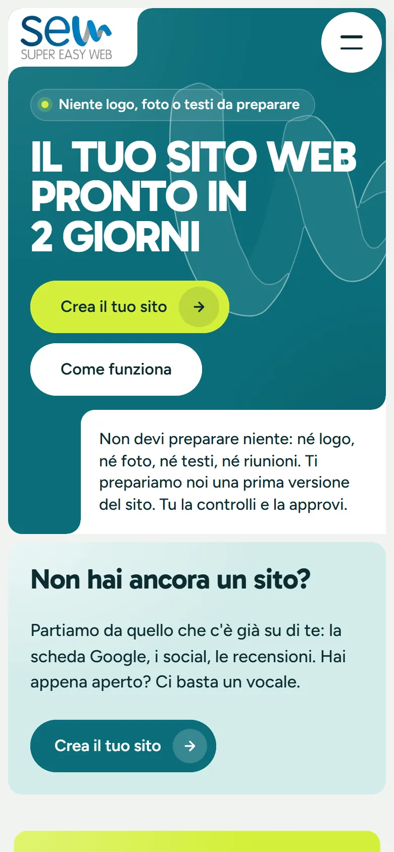 Prima schermata di supereasyweb.it su telefono, dalla bozza di presentazione