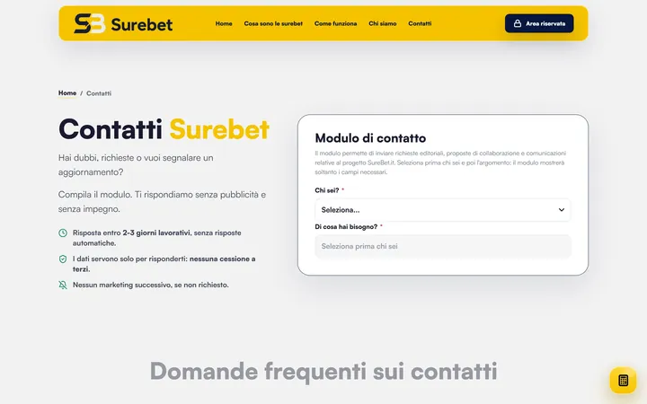 Pagina «Contatti» del progetto SureBet.it